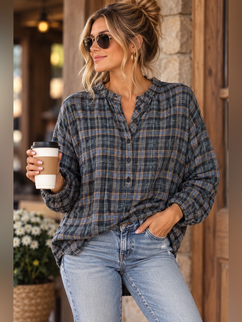 Free People Northern Bound Plaid Pullover Top Blue Gray Size Small